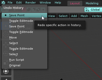 Blenderの操作履歴 Undo History にセーブ履歴を表示するアドオン Save Point Addon Soramame式